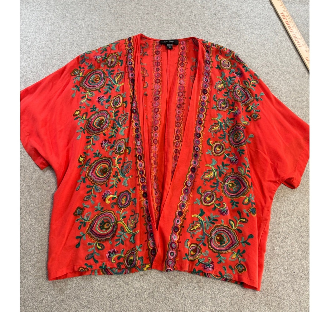 Karen‎ Kane Kimono Top Women XS Red Floral Embroidered Open Front Boho Excellent